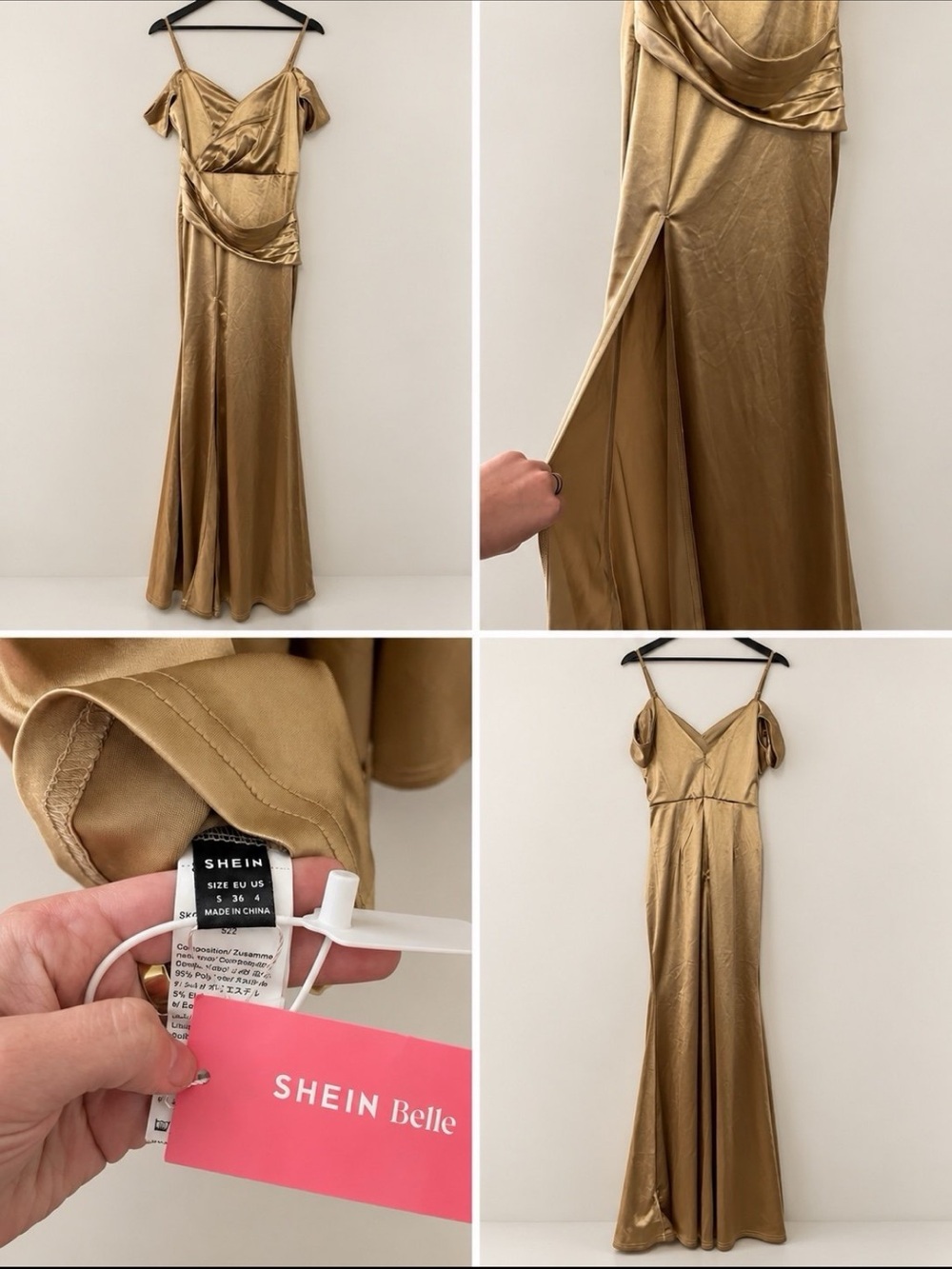 SHEIN Gold Satin Off-Shoulder Maxi Slip Dress